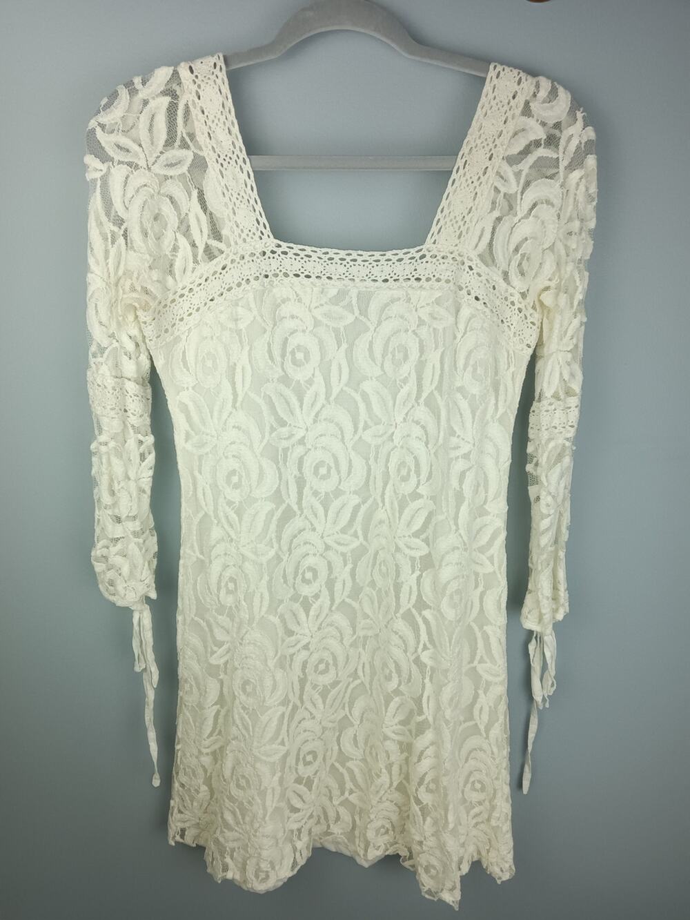Ivory Lace Crochet Square Neck Tunic Dress - Cream
